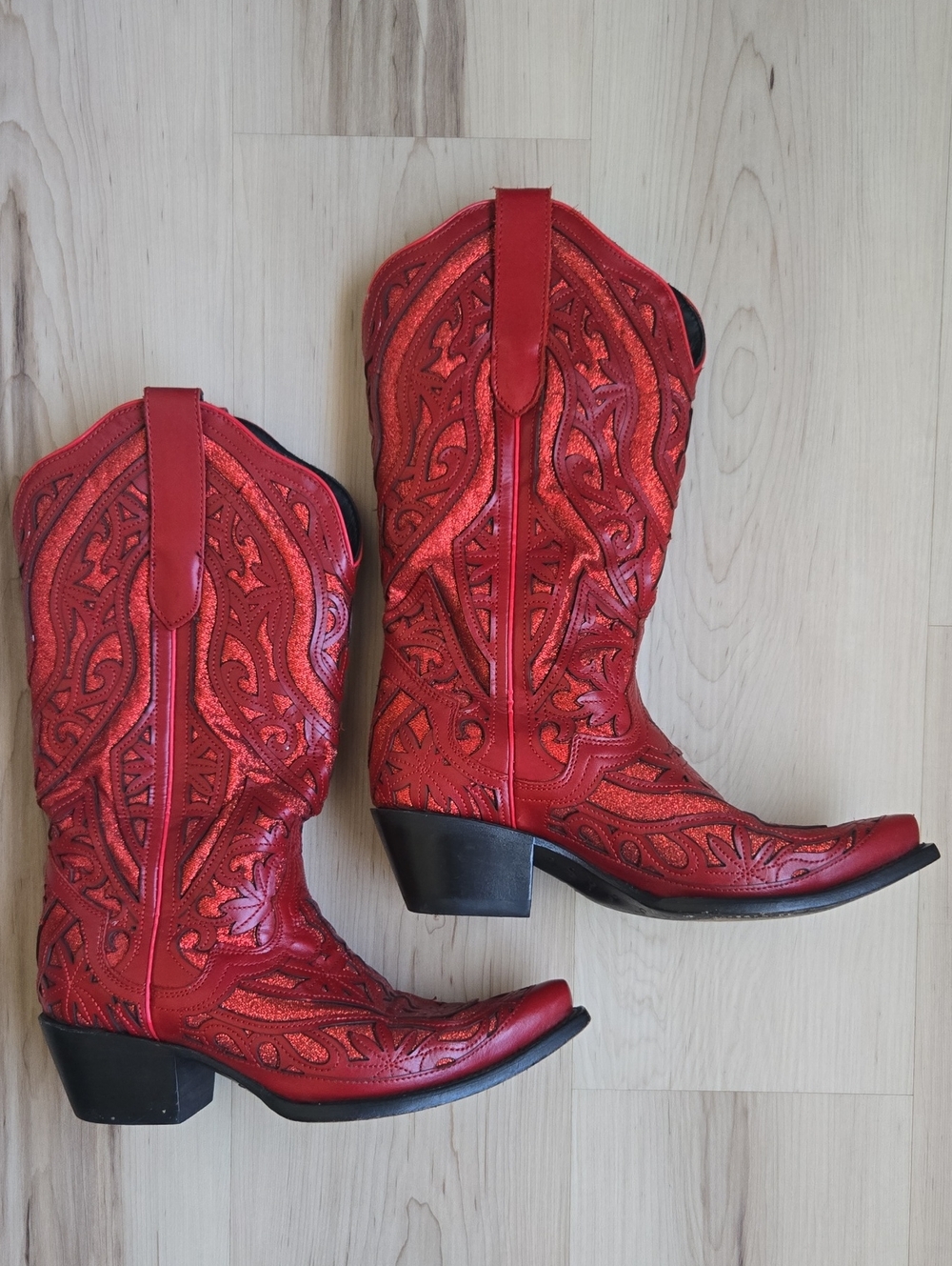J.B. Dillion Red Leather With Gliter Inlay Boots, Size 8.5